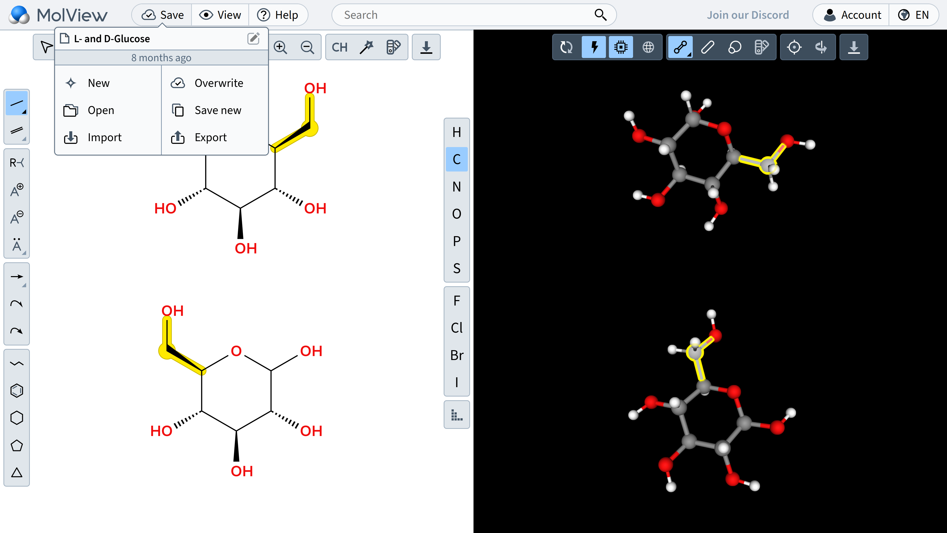 MolView molecular sketcher showing glucose
